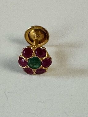 22K Gold Stud Earring with Ruby and Emerald Center